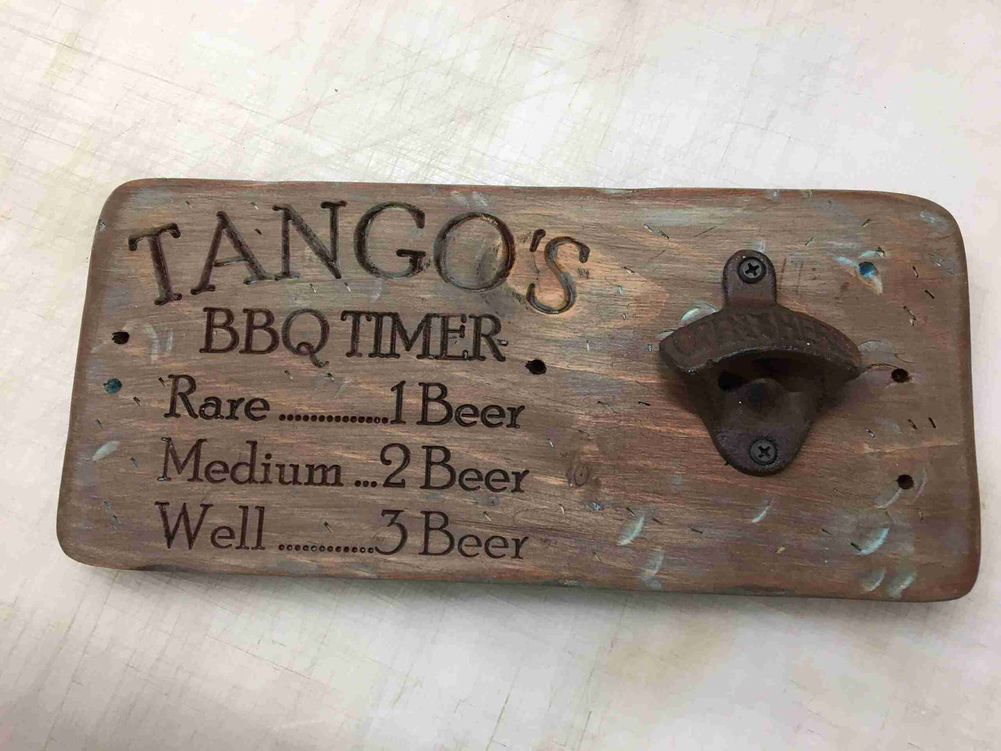 Personalized Engraved Rustic BBQ Timer Beer Bottle Opener image 0