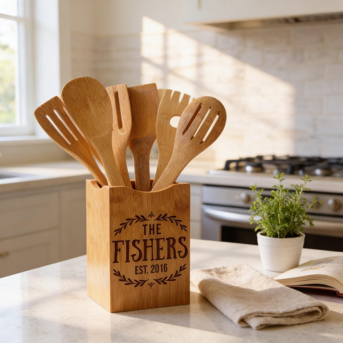 Bamboo Kitchen Utensil Holder - Personalized Wedding Gift for Bride & Groom