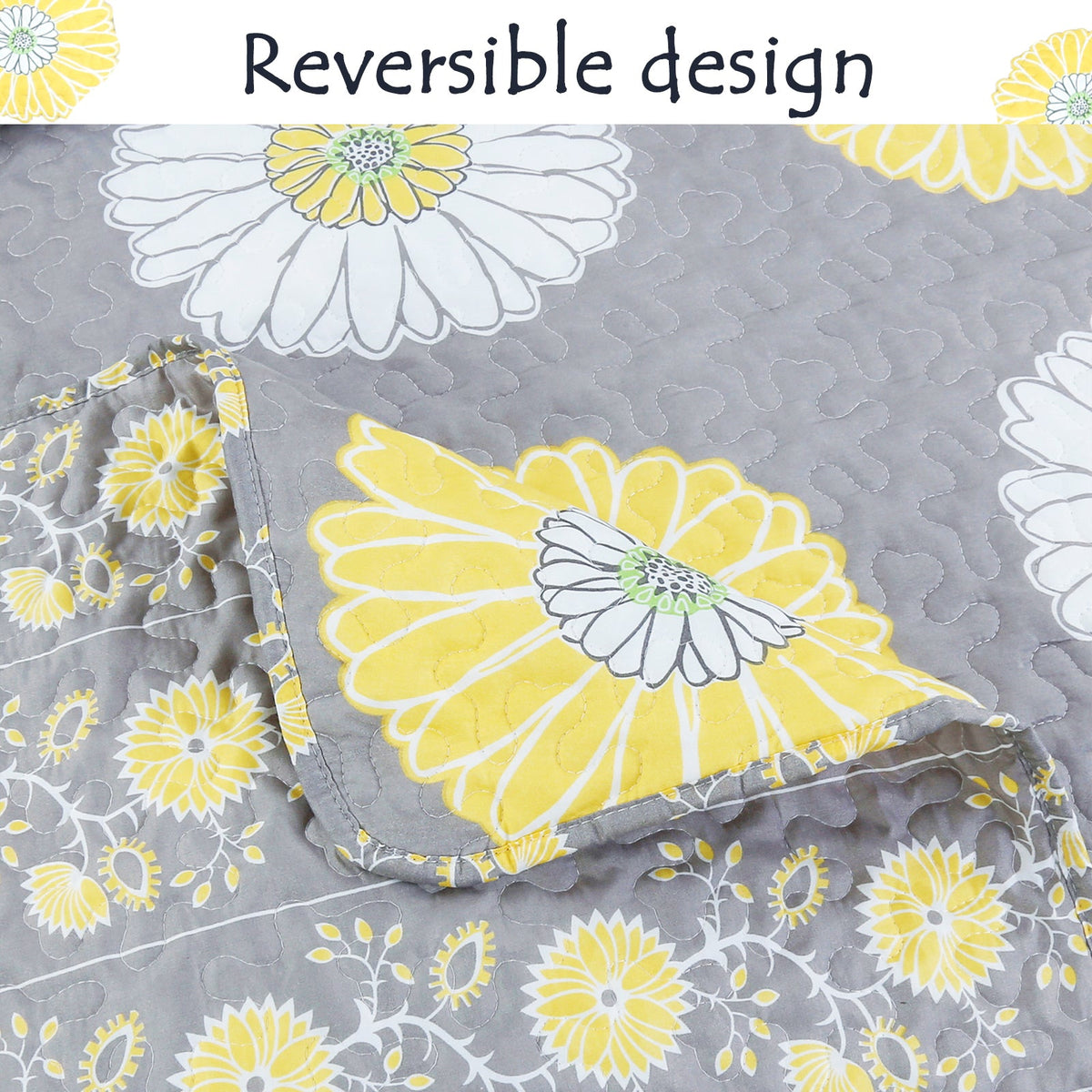 Anya Floral Print Yellow Grey Reversible Quilt Bedding Set