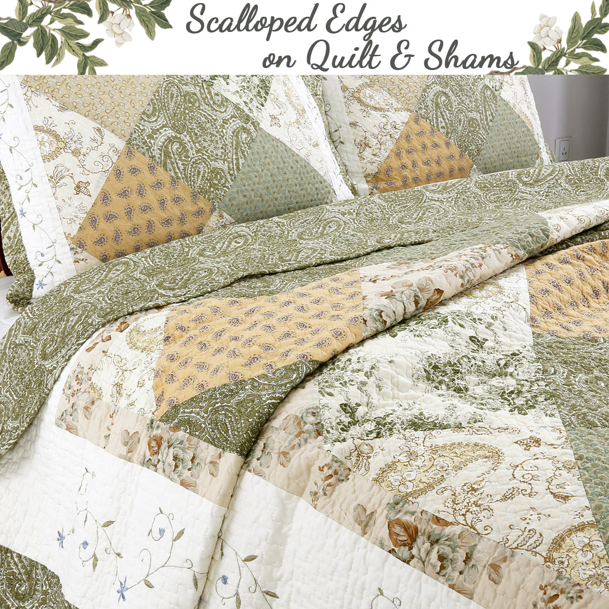 Grace Sage Green Real Patchwork Embroidered Scalloped Edge Cotton Reversible Quilt Bedding Set