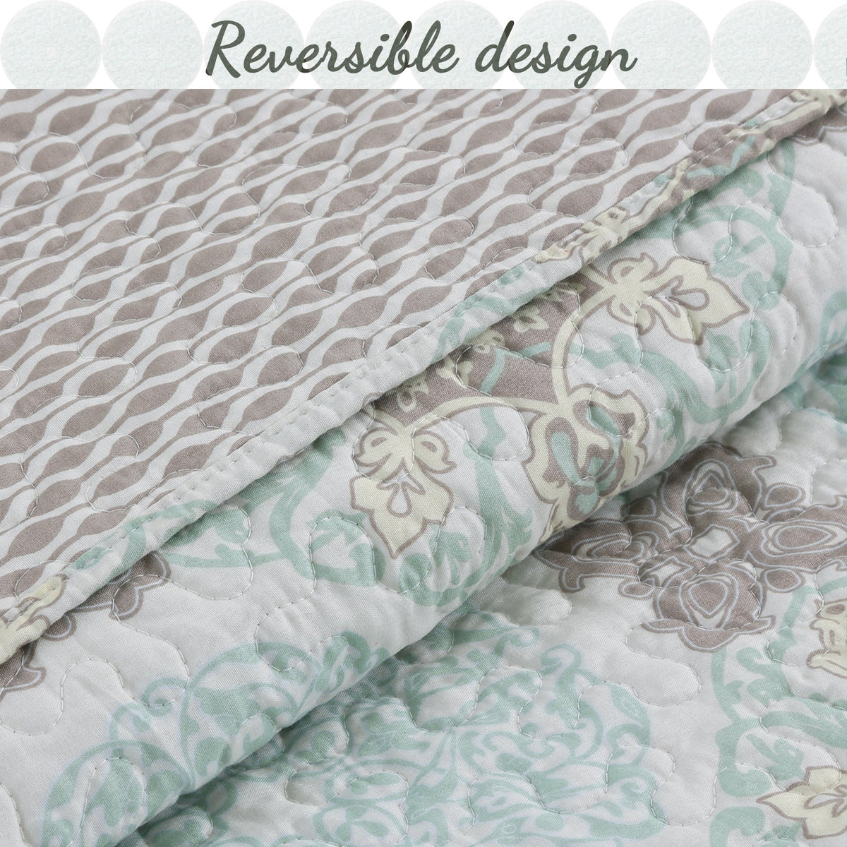 Light Green Damask 3-Piece Reversible Quilt Bedding Set
