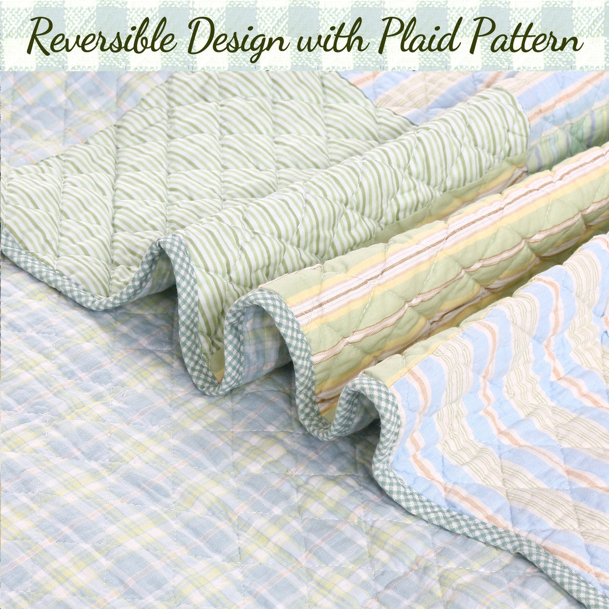 Square Real Patchwork Plaid Stripes Blue Green Scalloped 3-Piece Cotton Reversible Quilt Bedding Set