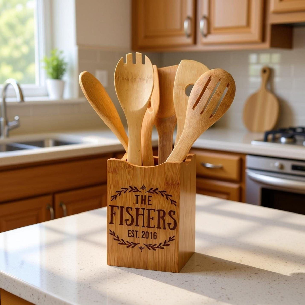 Bamboo Kitchen Utensil Holder - Personalized Wedding Gift for Bride & Groom