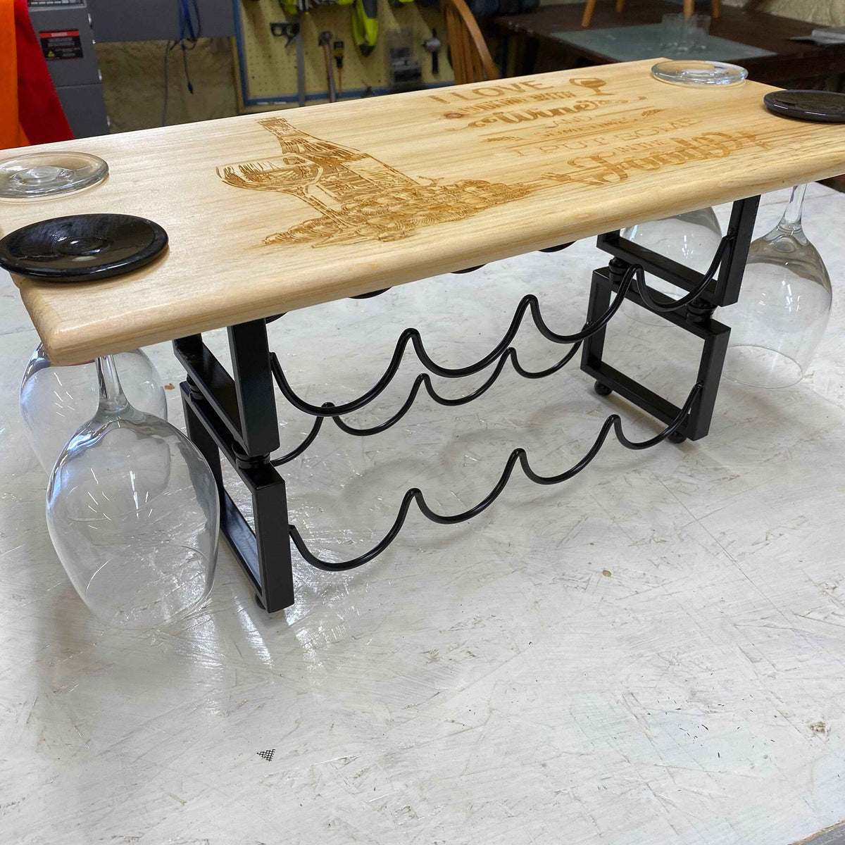 Engraved Wood Wine Rack & Glass Holder