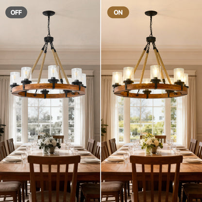 Rustic Wagon Wheel Chandelier | Wood Frame & Seeded Glass, Farmhouse Industrial Pendant — Available in 6/8/12/18-Light