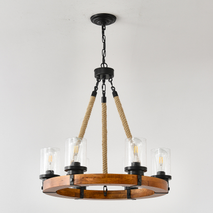 Rustic Wagon Wheel Chandelier | Wood Frame & Seeded Glass, Farmhouse Industrial Pendant — Available in 6/8/12/18-Light