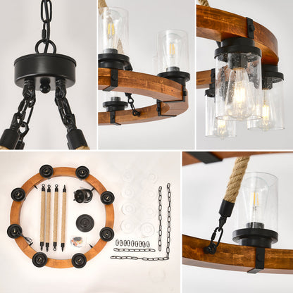 Rustic Wagon Wheel Chandelier | Wood Frame & Seeded Glass, Farmhouse Industrial Pendant — Available in 6/8/12/18-Light