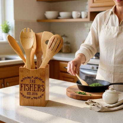 Bamboo Kitchen Utensil Holder - Personalized Wedding Gift for Bride & Groom