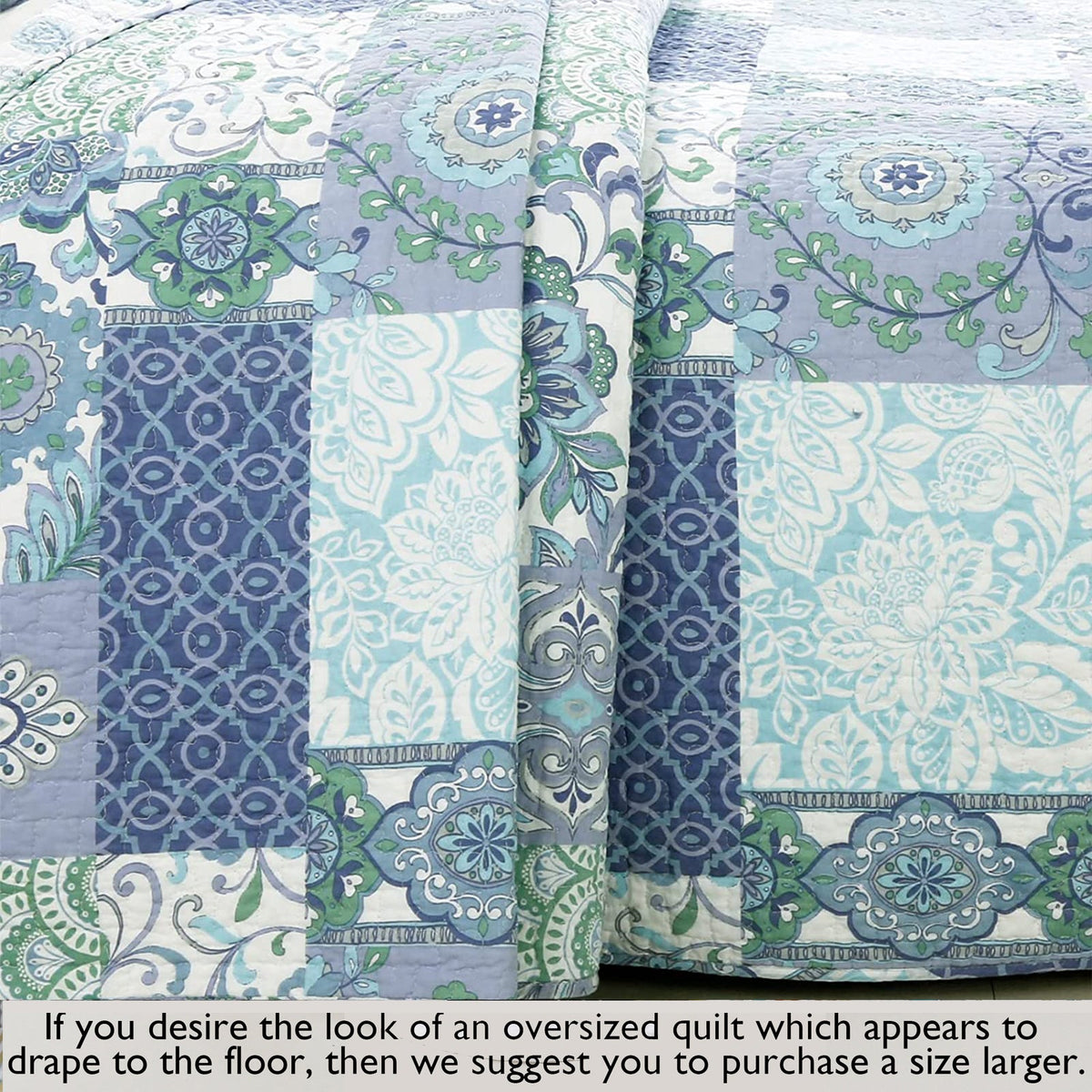 Windfall Blue Print Patchwork Cotton Reversible Quilt Bedding Set