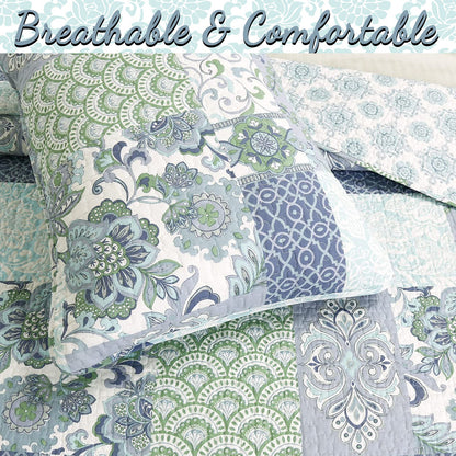 Windfall Blue Print Patchwork Cotton Reversible Quilt Bedding Set