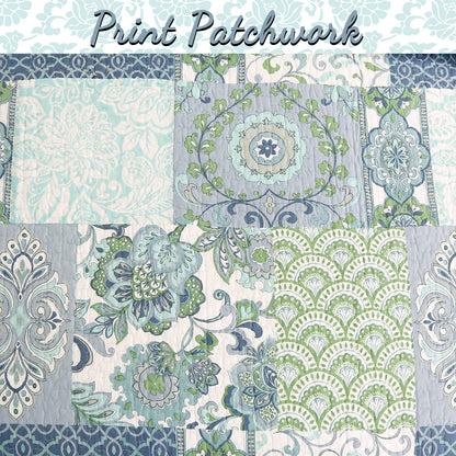 Windfall Blue Print Patchwork Cotton Reversible Quilt Bedding Set
