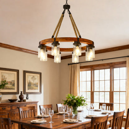 Rustic Wagon Wheel Chandelier | Wood Frame & Seeded Glass, Farmhouse Industrial Pendant — Available in 6/8/12/18-Light