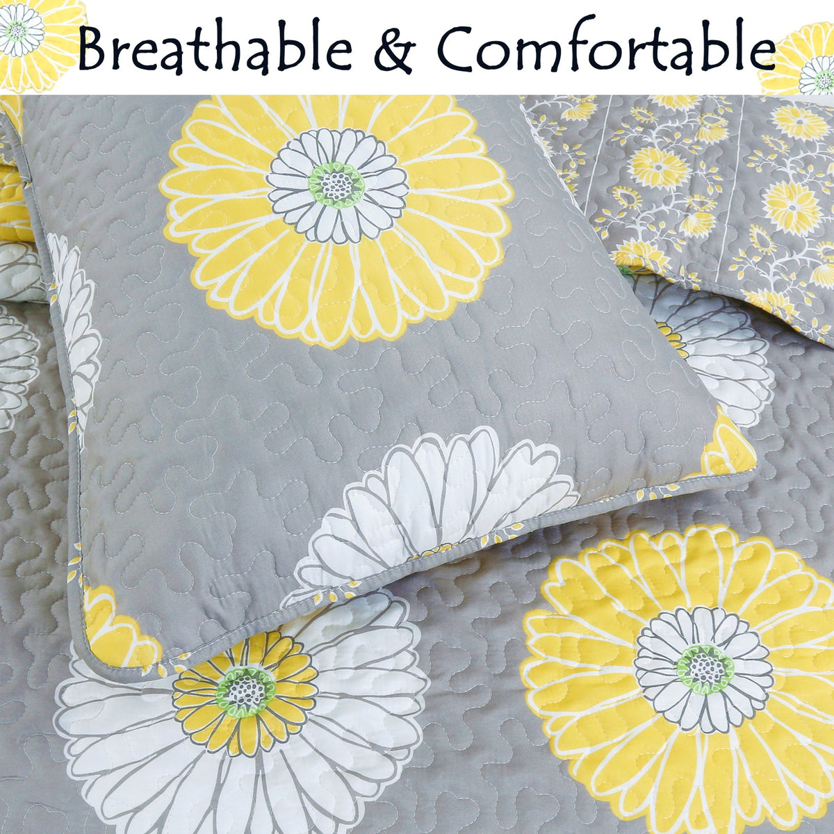 Anya Floral Print Yellow Grey Reversible Quilt Bedding Set