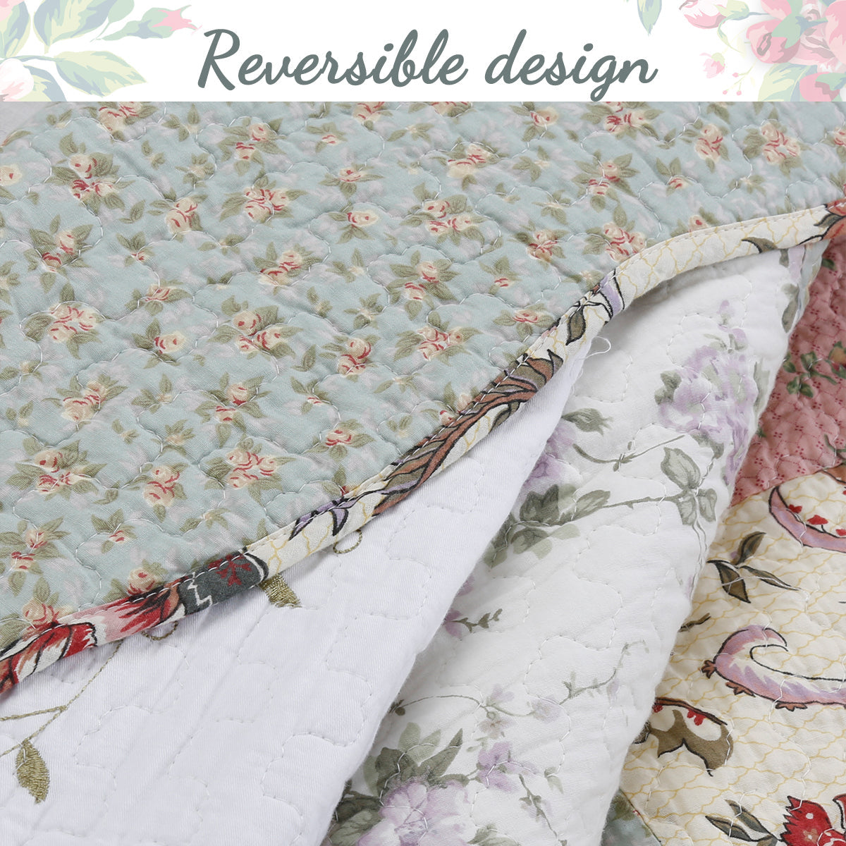 Grace Celadon Real Patchwork Embroidered Scalloped Edge Cotton Reversible Quilt Bedding Set