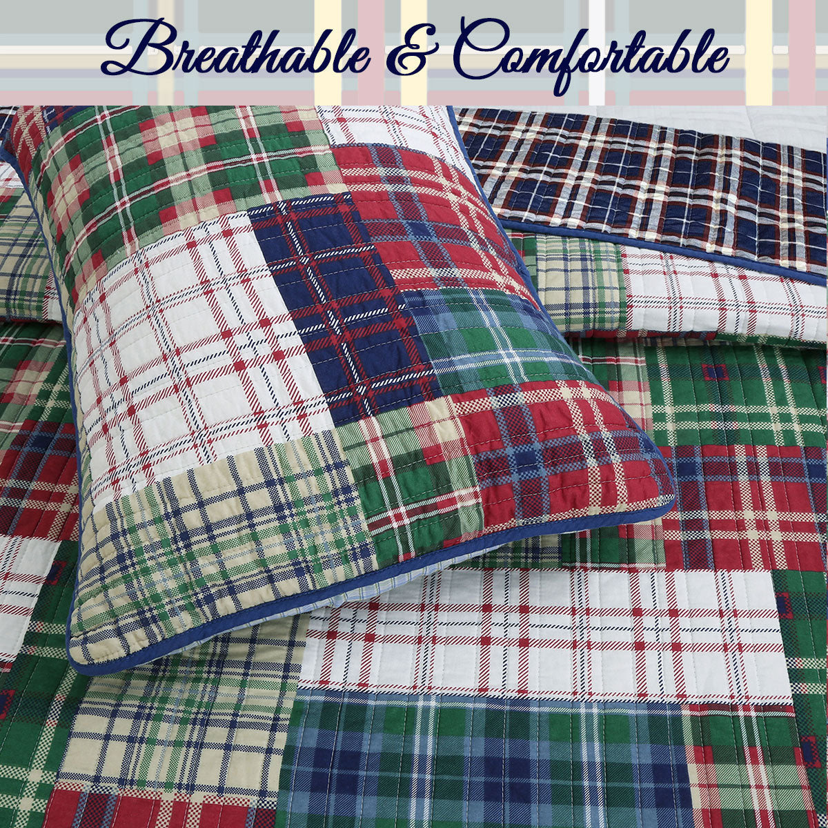 Hepler Plaid Print Patchwork Cotton Reversible Quilt Bedding Set
