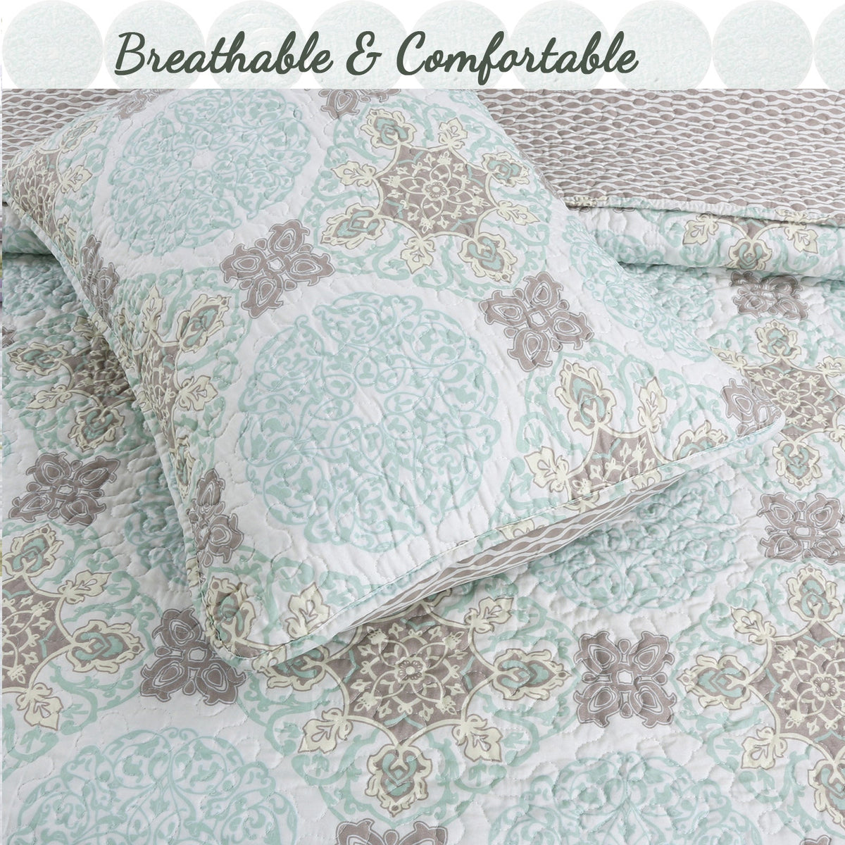 Light Green Damask 3-Piece Reversible Quilt Bedding Set