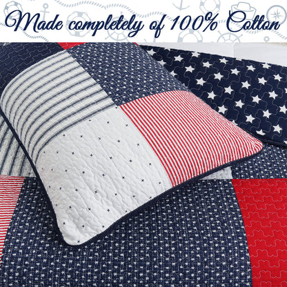 Patriotic Real Patchwork Plaid Red White Blue Cotton Reversible Quilt Bedding Set