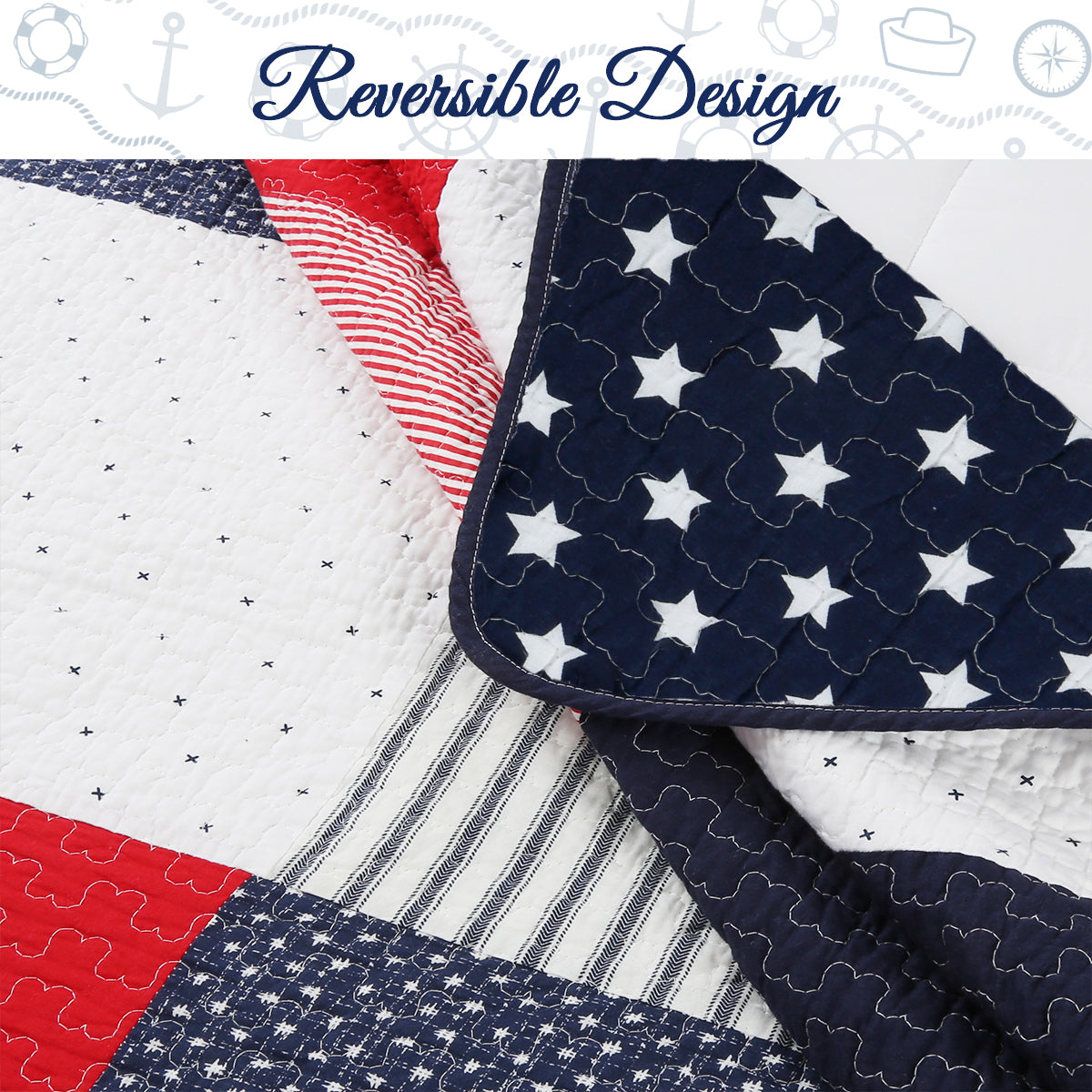 Patriotic Real Patchwork Plaid Red White Blue Cotton Reversible Quilt Bedding Set