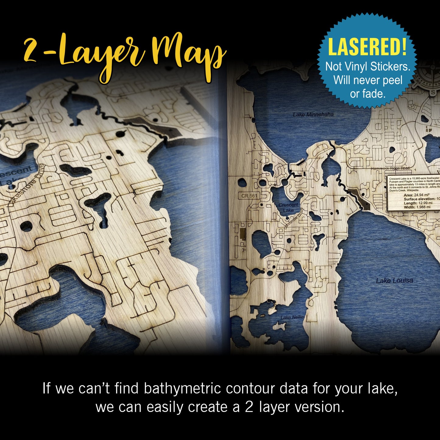 Wooden Lake Maps - 3D Lake Map - Impressive Solid Wood Map