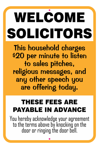 Welcome Solicitors Sign - Funny Door Sign - Salespeople Sign