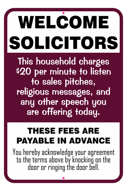 Welcome Solicitors Sign - Funny Door Sign - Salespeople Sign