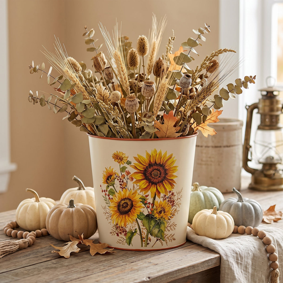Fall Sunflowers & Berries Metal Bucket Container
