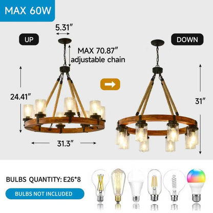 Rustic Wagon Wheel Chandelier | Wood Frame & Seeded Glass, Farmhouse Industrial Pendant — Available in 6/8/12/18-Light