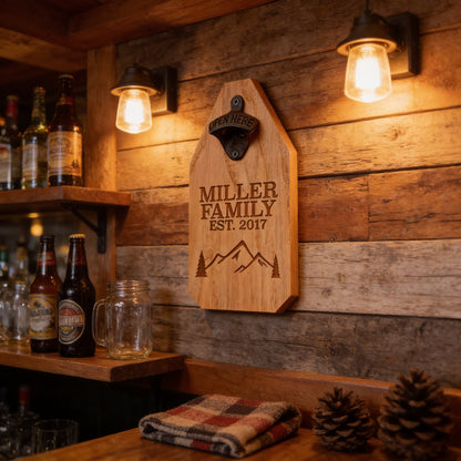 Personalized Wood Sign | Engraved Bottle Opener with Rustic Mountain Cabin Decor & Family Name