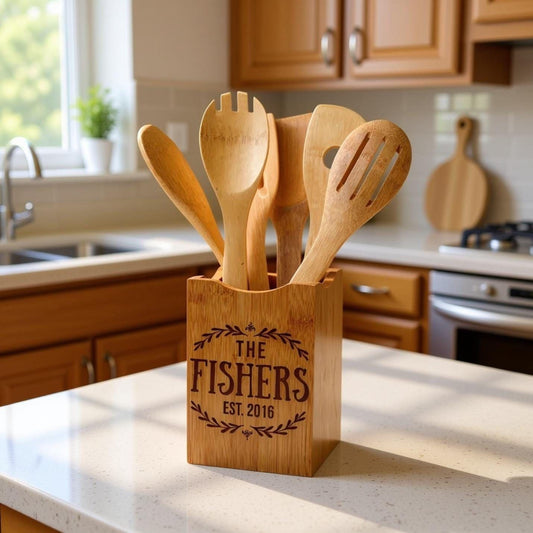 Bamboo Kitchen Utensil Holder - Personalized Wedding Gift for Bride & Groom