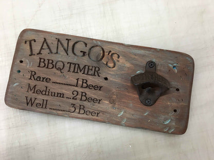 Personalized Engraved Rustic BBQ Timer Beer Bottle Opener