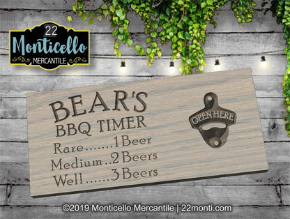 Personalized Engraved Rustic BBQ Timer Beer Bottle Opener