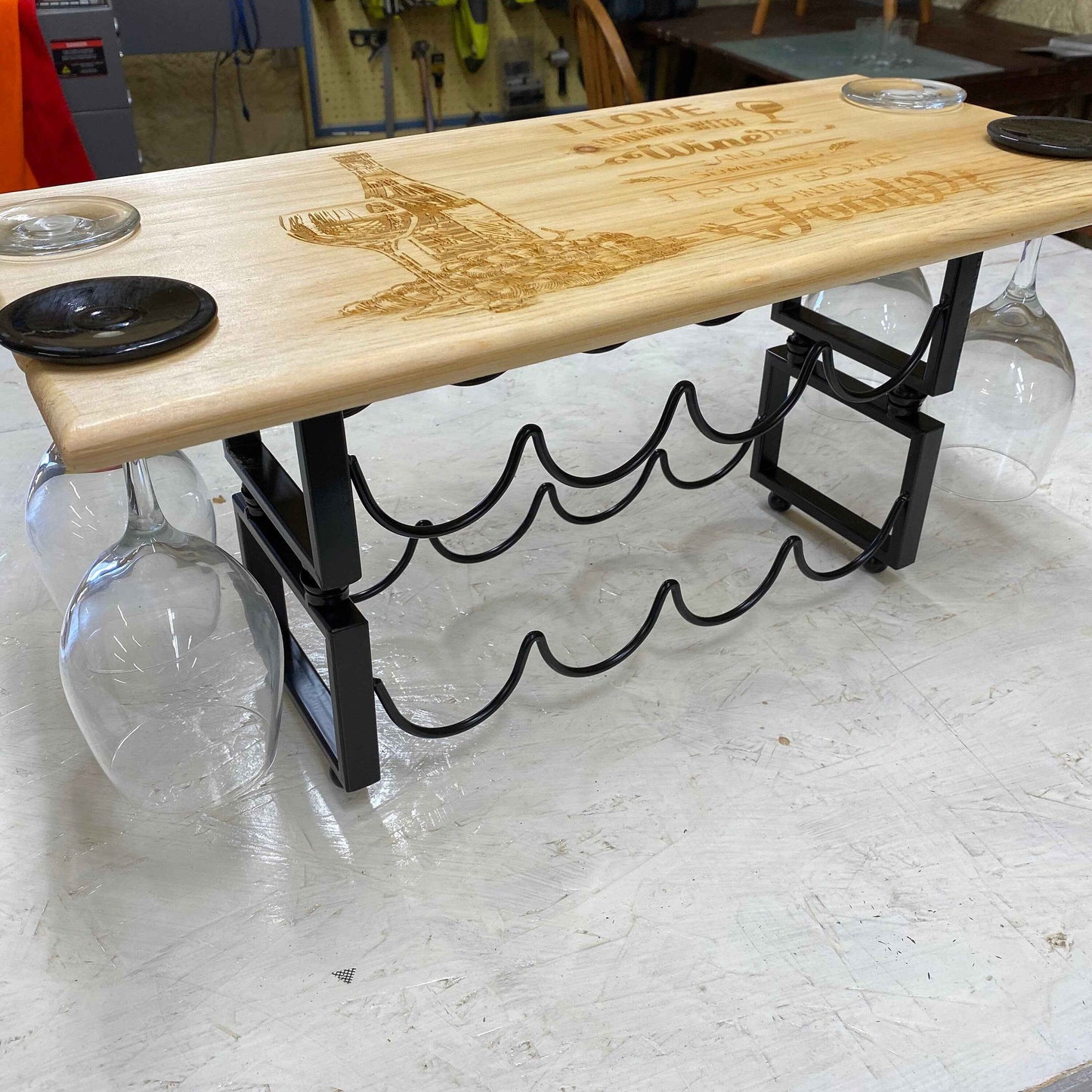 Engraved Wood Wine Rack & Glass Holder