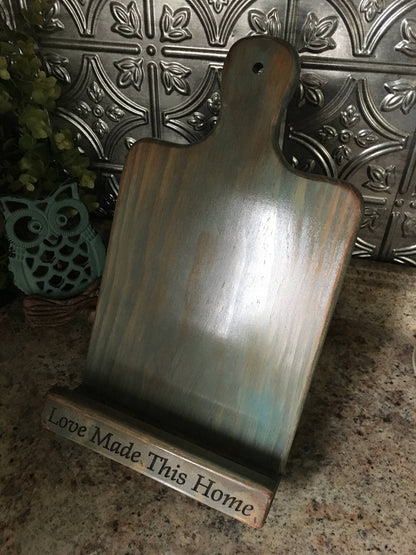 HM Print & Design LLC rustic wooden recipe book and tablet stand with a distressed finish and engraved bottom lip.